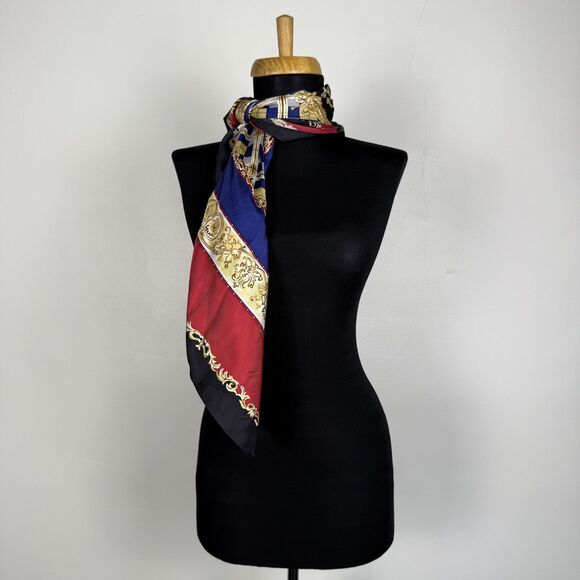 Vintage Silk Baroque Holiday Scarf | Navy, Gold, Red | Jujus Vintage Find - Picture 8 of 10